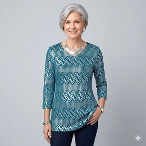 Chicos Teal Chevron Foil Shimmer Tunic Top 8 3/4 Sleeve Metallic Silver Blouse